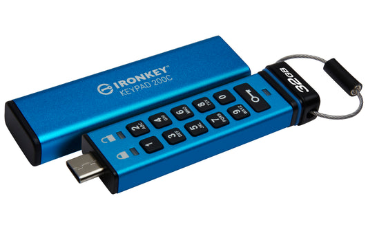IKKP200C/32GB - Pen Drive de 32GB IronKey Keypad 200 c/ criptografia FIPS 140-3, XTS-AES 256bit, multi senhas, (R=145MB/s; W=115MB/s) - conector USB-C.