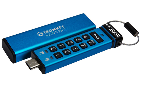 IKKP200C/512GB - Pen Drive de 512GB IronKey Keypad 200 c/ criptografia FIPS 140-3, XTS-AES 256bit, multi senhas, (R=280MB/s; W=200MB/s) - conector USB-C.