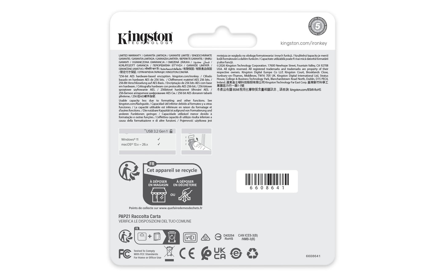 IKLP50G2/64GB - Pen Drive de 64GB IronKey Locker+ 50 G2, c/ criptografia FIPS 197, AES-256, multi senhas (R=145MB/s; W=115MB/s).