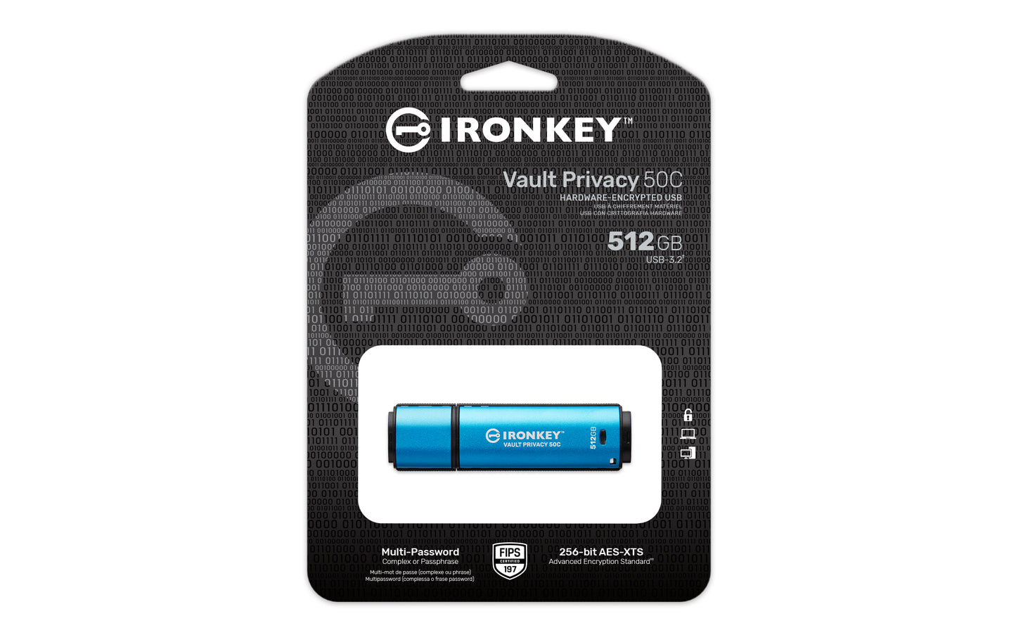 IKVP50C/512GB - Pen Drive de 512GB USB-C (Tipo C) IronKey Vault Privacy 50, com certificação FIPS 197 e criptografia XTS-AES de 256 bits.