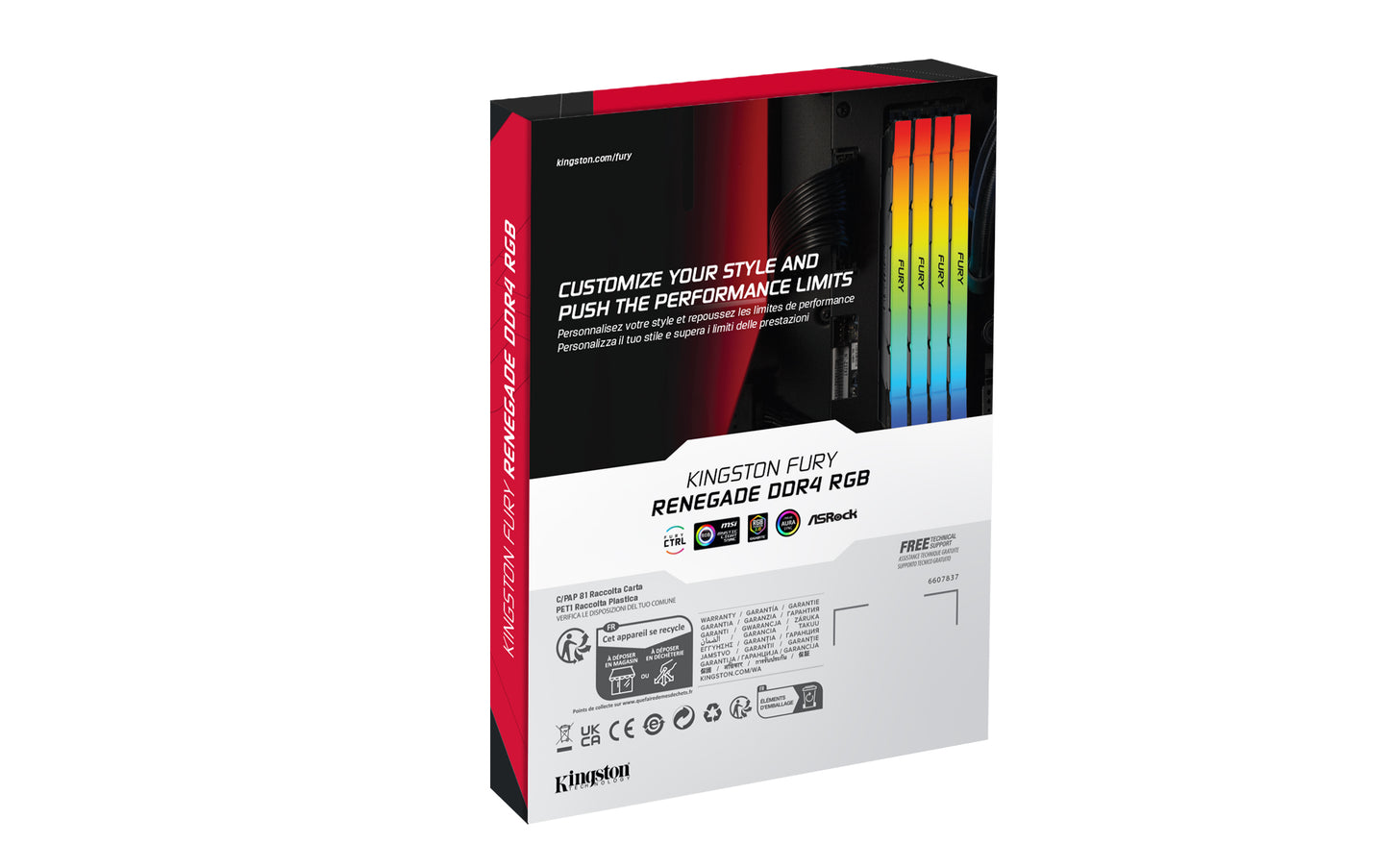 KF436C16RB2A/8 - Memória de 8GB DIMM DDR4 3600Mhz FURY Renegade RGB 1,35V CL16 1Rx8 288 pinos para desktop/gamers.