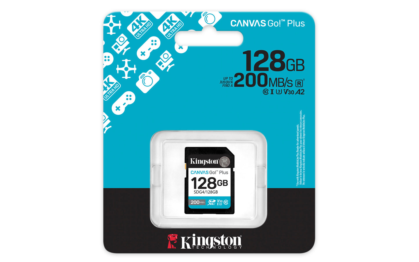 SDG4/128GB - Cartão de memória padrão SD de 128GB Canvas Go Plus (Leitura = 200MB/s) Classe 10 U3 V30