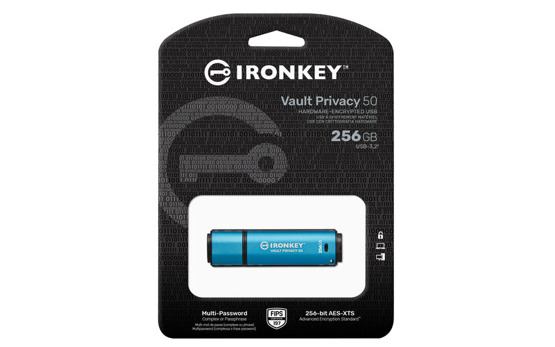 IKVP50/256GB - Pen Drive de 256GB IronKey Vault Privacy 50, com certificação FIPS 197 e criptografia XTS-AES de 256 bits.