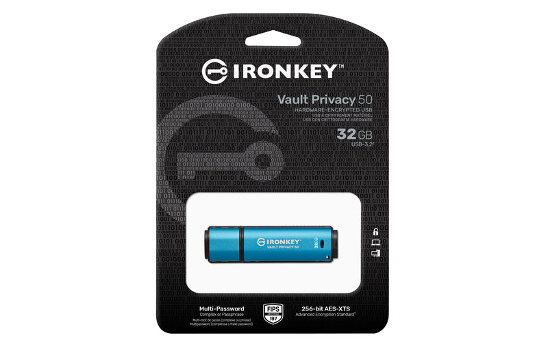 IKVP50/32GB - Pen Drive de 32GB IronKey Vault Privacy 50, com certificação FIPS 197 e criptografia XTS-AES de 256 bits.