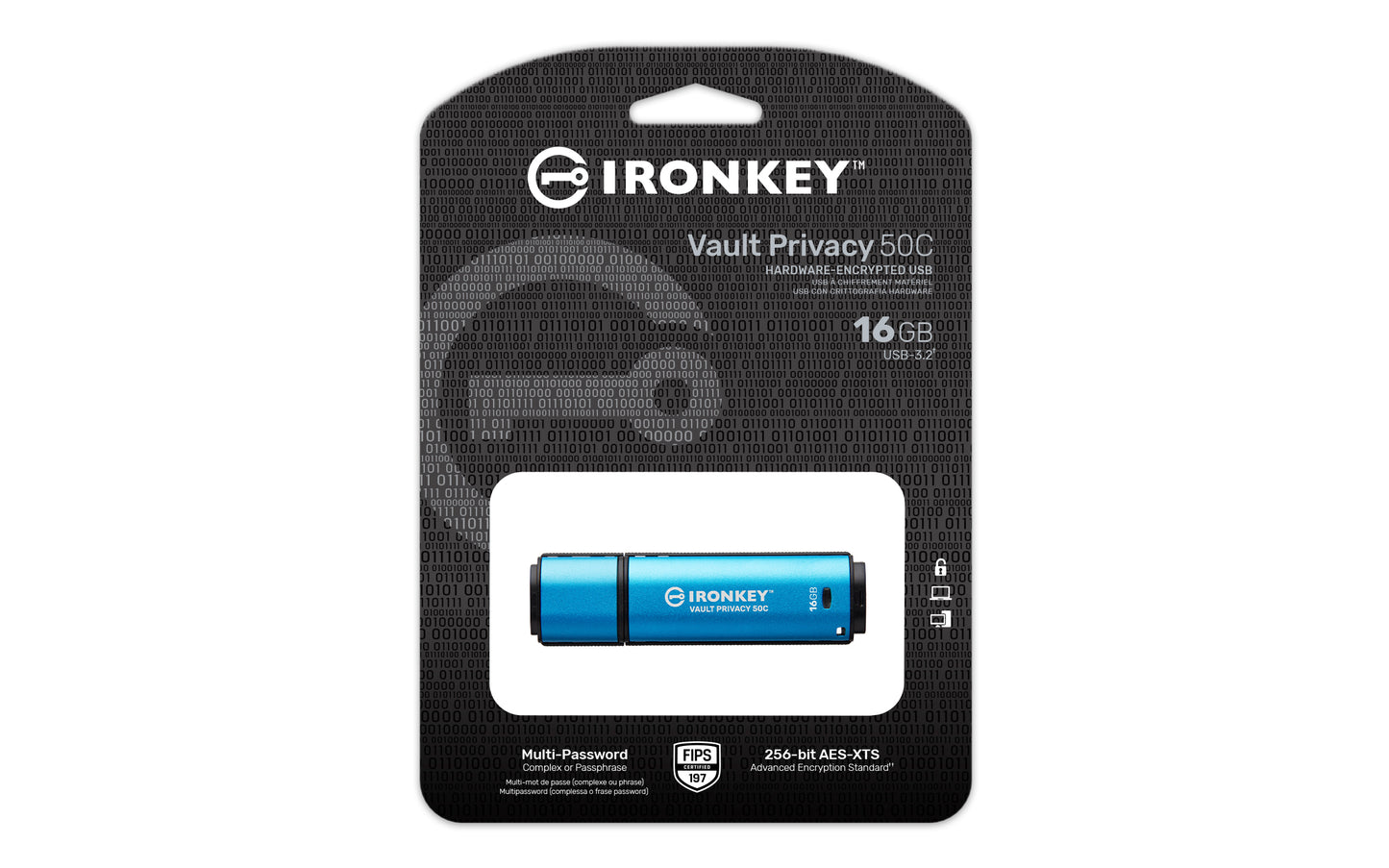 IKVP50C/16GB - Pen Drive de 16GB USB-C (Tipo C) IronKey Vault Privacy 50, com certificação FIPS 197 e criptografia XTS-AES de 256 bits.
