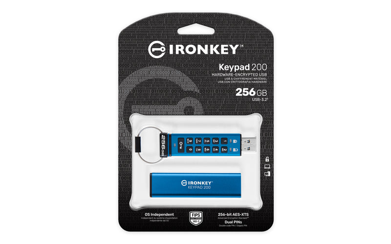 IKKP200/256GB - Pen Drive de 256GB IronKey Keypad 200 c/ criptografia FIPS 140-3, XTS-AES 256bit, multi senhas, (R=145MB/s; W=115MB/s) - conector USB-A.