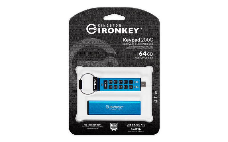 IKKP200C/64GB - Pen Drive de 64GB IronKey Keypad 200 c/ criptografia FIPS 140-3, XTS-AES 256bit, multi senhas, (R=280MB/s; W=200MB/s) - conector USB-C.