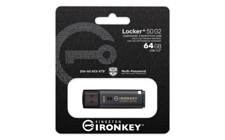 IKLP50G2/64GB - Pen Drive de 64GB IronKey Locker+ 50 G2, c/ criptografia FIPS 197, AES-256, multi senhas (R=145MB/s; W=115MB/s).