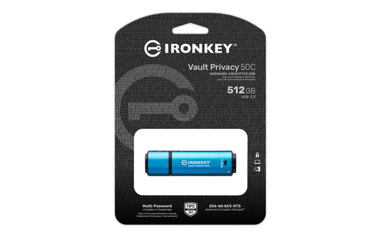 IKVP50C/512GB - Pen Drive de 512GB USB-C (Tipo C) IronKey Vault Privacy 50, com certificação FIPS 197 e criptografia XTS-AES de 256 bits.