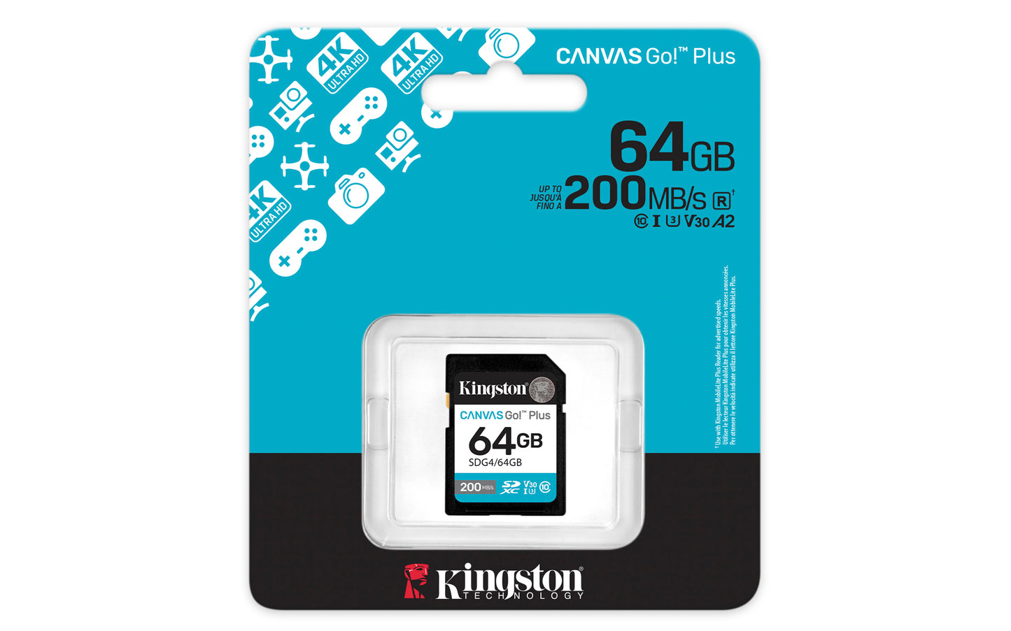 SDG4/64GB - Cartão de memória padrão SD de 64GB Canvas Go Plus (Leitura = 200MB/s) Classe 10 U3 V30