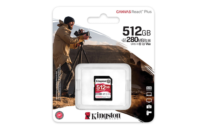 SDR2V6/512GB - Cartão de memória de 512GB padrão SDXC Canvas React Plus - UHS-II U3 V60 (L=280MB/s; G=150MB/s) p/ uso Full HD 4K.