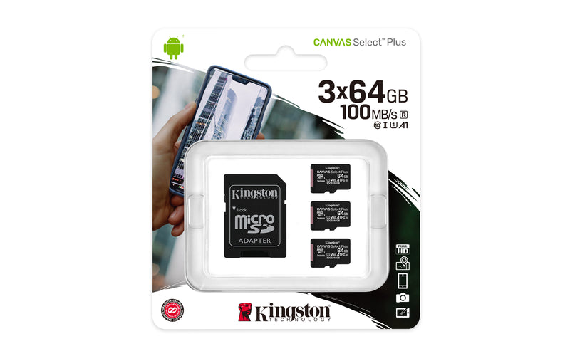 SDCS2/64GB-3P1A - Kit de Cartões de memória microSD (3 de 64GB) Canvas Select Plus - Leitura: 100MB/s - Classe 10 com 1 adaptador SD