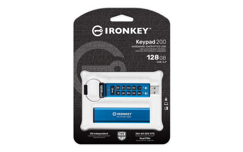 IKKP200/128GB - Pen Drive de 128GB IronKey Keypad 200 c/ criptografia FIPS 140-3, XTS-AES 256bit, multi senhas, (R=145MB/s; W=115MB/s) - conector USB-A.