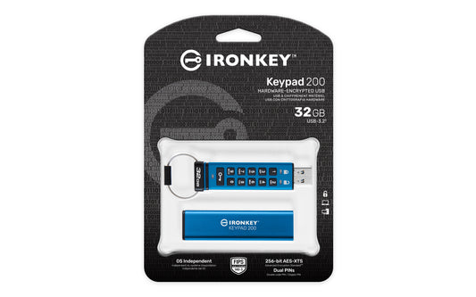 IKKP200/32GB - Pen Drive de 32GB IronKey Keypad 200 c/ criptografia FIPS 140-3, XTS-AES 256bit, multi senhas, (R=145MB/s; W=115MB/s) - conector USB-A.