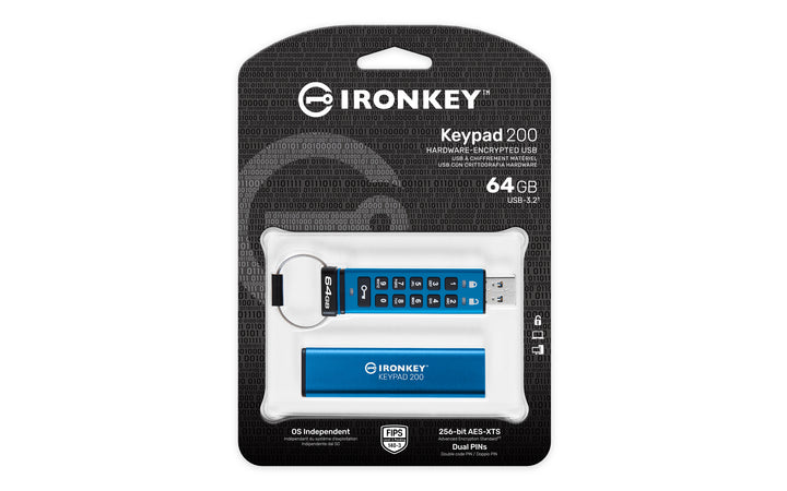 IKKP200/64GB - Pen Drive de 64GB IronKey Keypad 200 c/ criptografia FIPS 140-3, XTS-AES 256bit, multi senhas, (R=145MB/s; W=115MB/s) - conector USB-A.