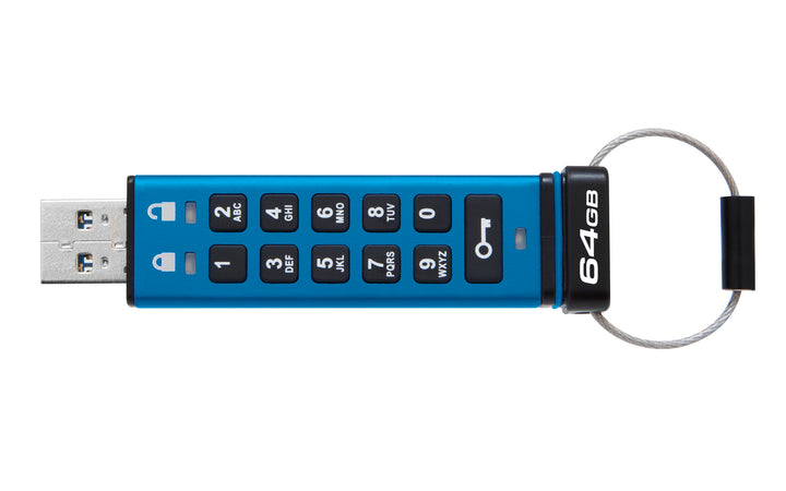 IKKP200/64GB - Pen Drive de 64GB IronKey Keypad 200 c/ criptografia FIPS 140-3, XTS-AES 256bit, multi senhas, (R=145MB/s; W=115MB/s) - conector USB-A.