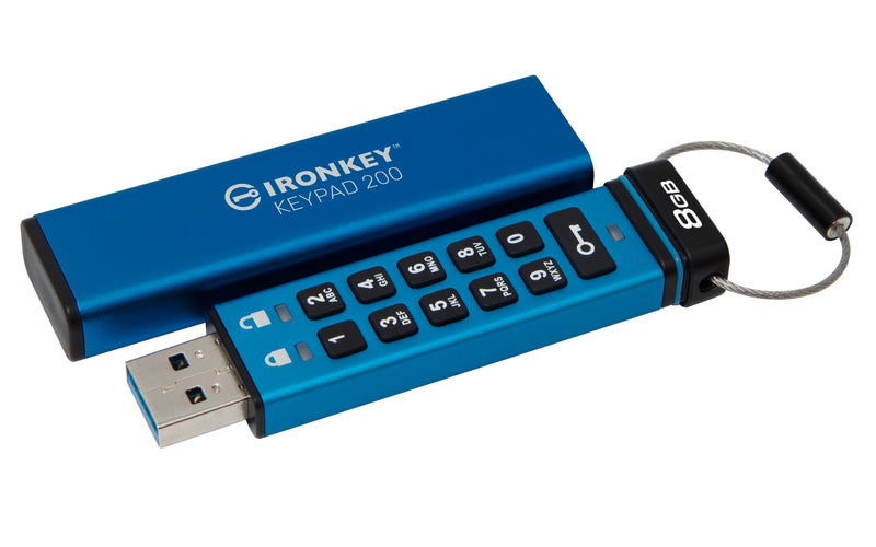 IKKP200/8GB - Pen Drive de 8GB IronKey Keypad 200 c/ criptografia FIPS 140-3, XTS-AES 256bit, multi senhas, (R=145MB/s; W=115MB/s) - conector USB-A.