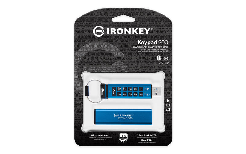 IKKP200/8GB - Pen Drive de 8GB IronKey Keypad 200 c/ criptografia FIPS 140-3, XTS-AES 256bit, multi senhas, (R=145MB/s; W=115MB/s) - conector USB-A.