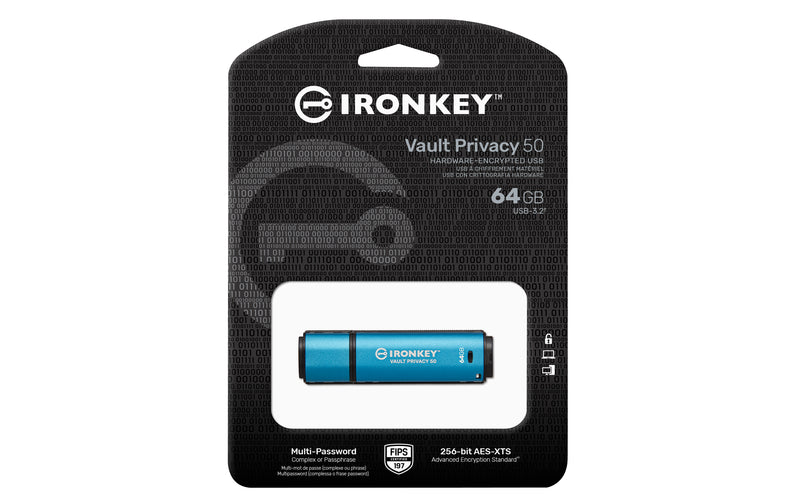 IKVP50/64GB - Pen Drive de 64GB IronKey Vault Privacy 50, com certificação FIPS 197 e criptografia XTS-AES de 256 bits.