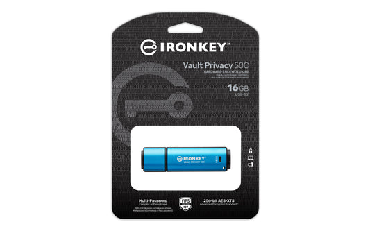 IKVP50C/16GB - Pen Drive de 16GB USB-C (Tipo C) IronKey Vault Privacy 50, com certificação FIPS 197 e criptografia XTS-AES de 256 bits.
