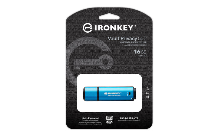 IKVP50C/16GB - Pen Drive de 16GB USB-C (Tipo C) IronKey Vault Privacy 50, com certificação FIPS 197 e criptografia XTS-AES de 256 bits.