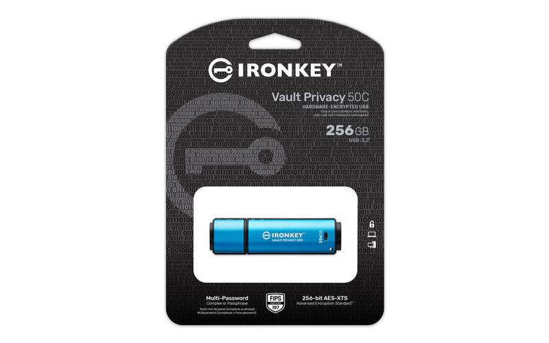 IKVP50C/256GB - Pen Drive de 256GB USB-C (Tipo C) IronKey Vault Privacy 50, com certificação FIPS 197 e criptografia XTS-AES de 256 bits.