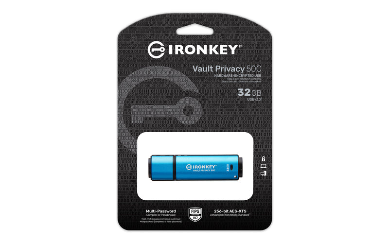 IKVP50C/32GB - Pen Drive de 32GB USB-C (Tipo C) IronKey Vault Privacy 50, com certificação FIPS 197 e criptografia XTS-AES de 256 bits.