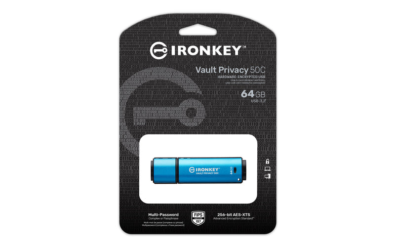 IKVP50C/64GB - Pen Drive de 64GB USB-C (Tipo C) IronKey Vault Privacy 50, com certificação FIPS 197 e criptografia XTS-AES de 256 bits.