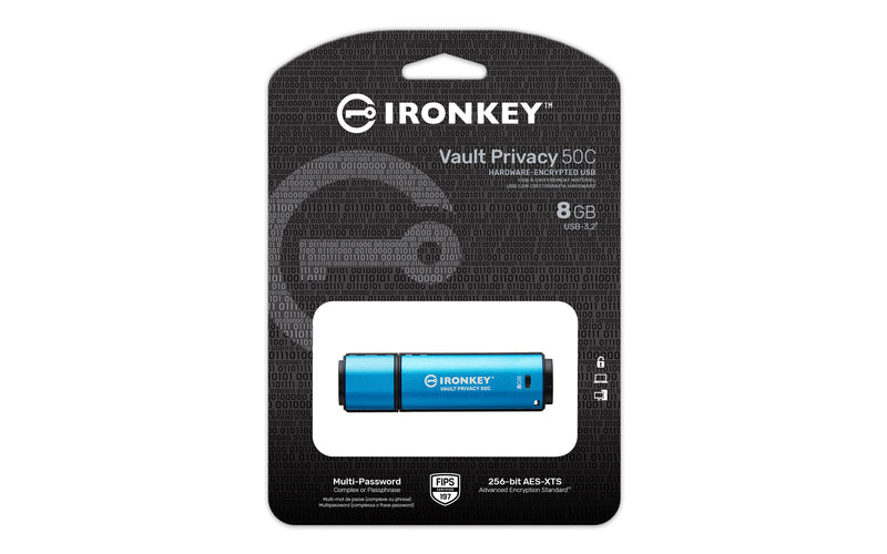 IKVP50C/8GB - Pen Drive de 8GB USB-C (Tipo C) IronKey Vault Privacy 50, com certificação FIPS 197 e criptografia XTS-AES de 256 bits.