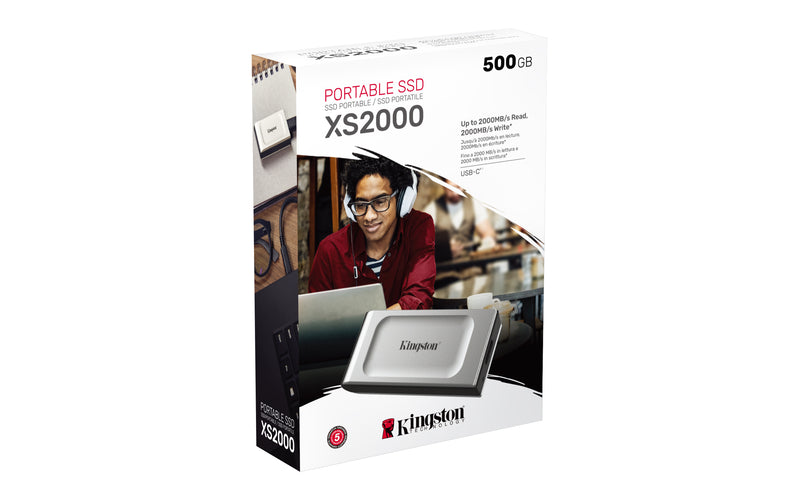SXS2000/500G - SSD portátil de 500GB USB 3.2 2x2 c/ capa de borracha e conexão USB-C (Leitura/Gravação: 2TB/s).